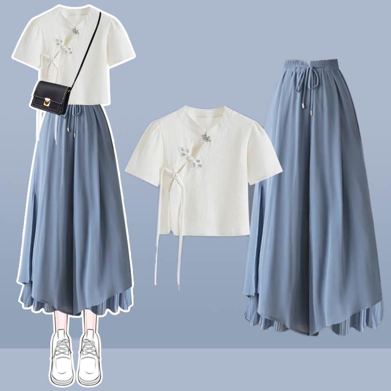 Vintage Buckle T-Shirt Blue Pantskirt Two Pieces  |   T-Shirts Clothing Pants