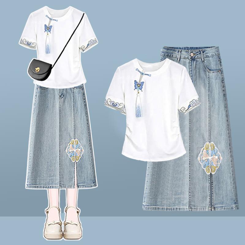 Vintage Buckle Tassel Butterfly Print T-Shirt Blue Denim Skirt Two Pieces  |   T-Shirts Clothing Set