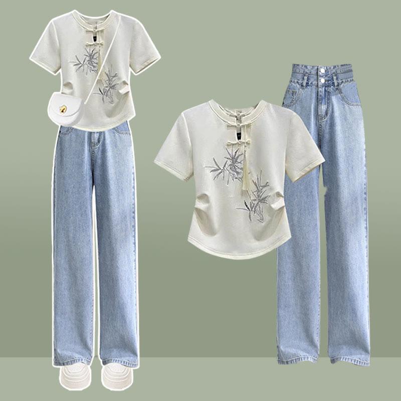 Vintage Buckle Tassel Leaf Print T-Shirt Blue Denim Pants Two Pieces  |   T-Shirts Clothing Pants