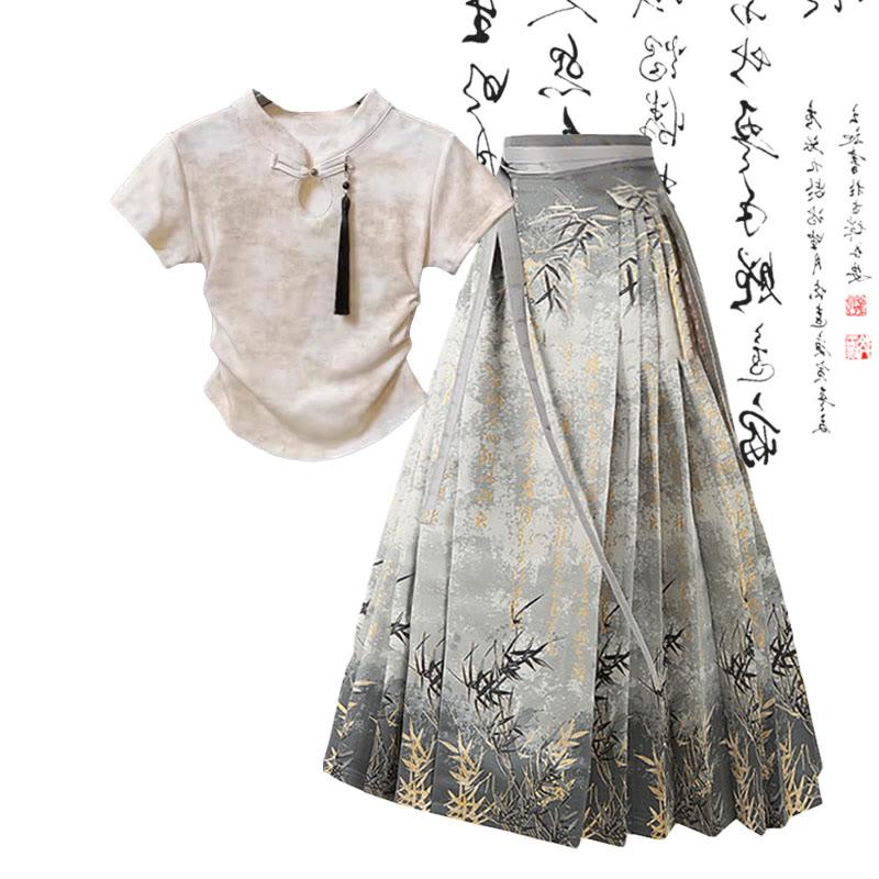 Vintage Buckle Tassel Shirt High Waist Lace-Up Pleated Skirt  |   Skirts Clothing Set A