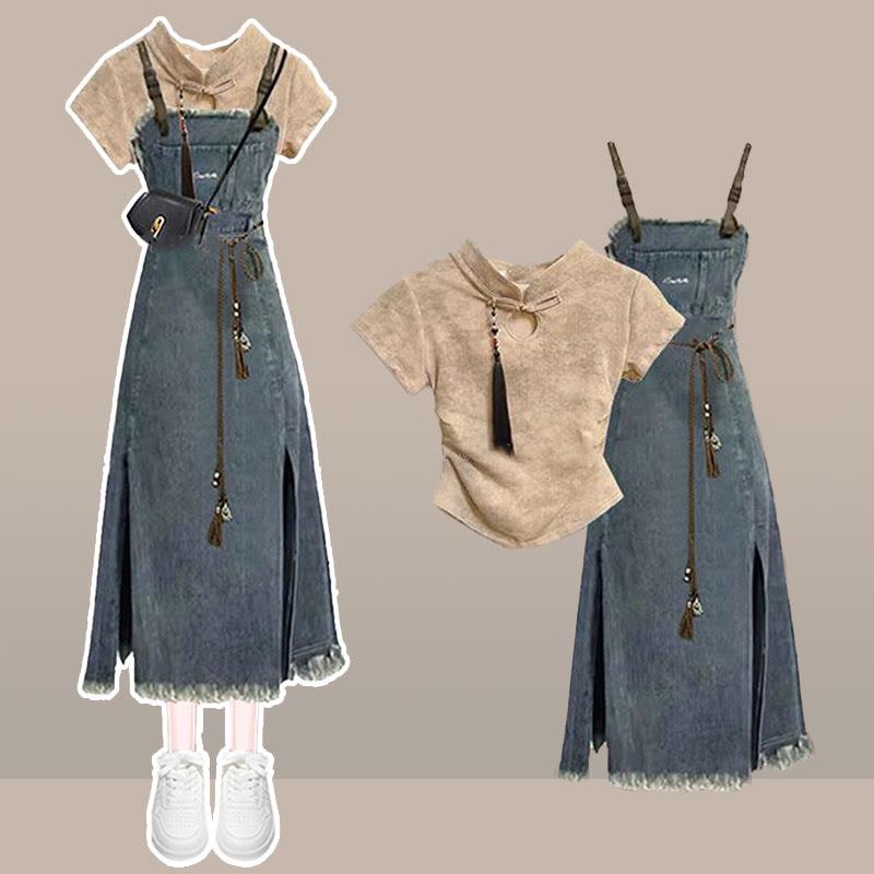 Vintage Buckle Tassel Top Denim Split Overall Dress Two Pieces  |   Dresses Clothing Dress