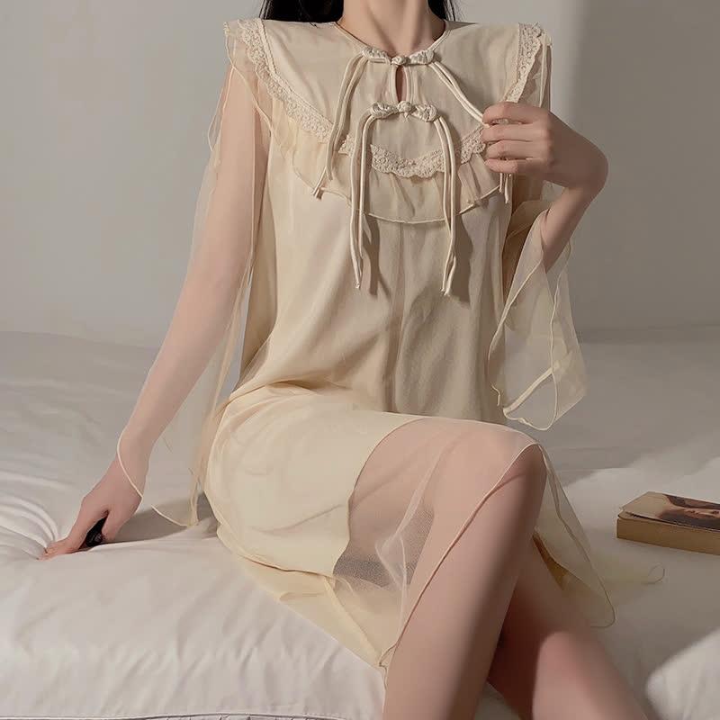 Vintage Buckle Tulle Sleeve Round Neck Pajamas Dress  |   Pajamas Clothing Apricot