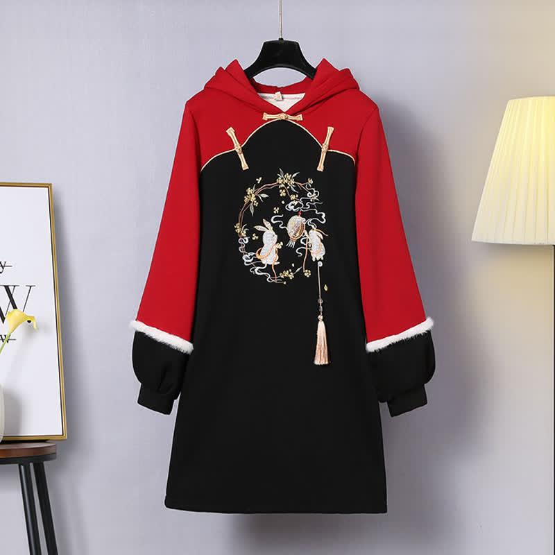 Vintage Bunny Embroidery Tassel Plush Hooded Sweatshirt Dress  |   Dresses Clothing Black