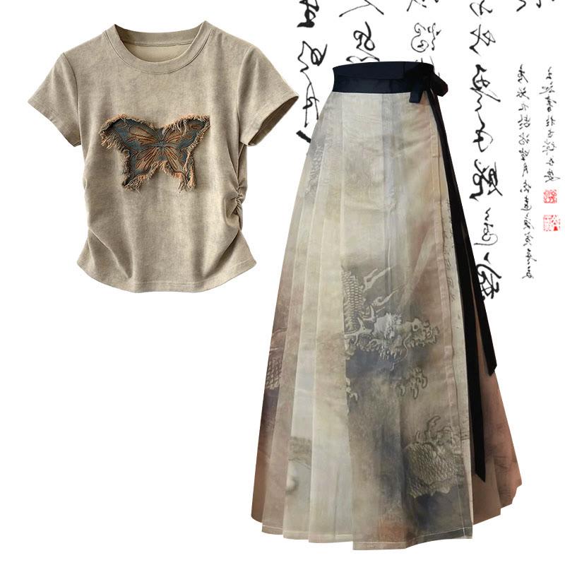 Vintage Butterfly Print T-Shirt High Waist Pleated Skirt  |   Skirts Clothing Set