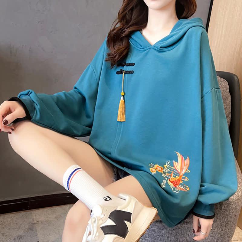 Vintage Carp Embroidery Buckle Tassel Loose Hoodie  |   Sweatshirts & Hoodies Clothing Apricot