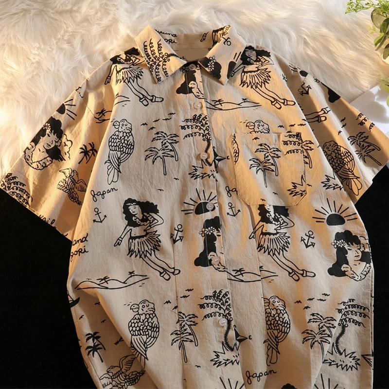 Vintage Cartoon Character Bird Print Casual Loose T-Shirt  |   T-Shirts Clothing Apricot