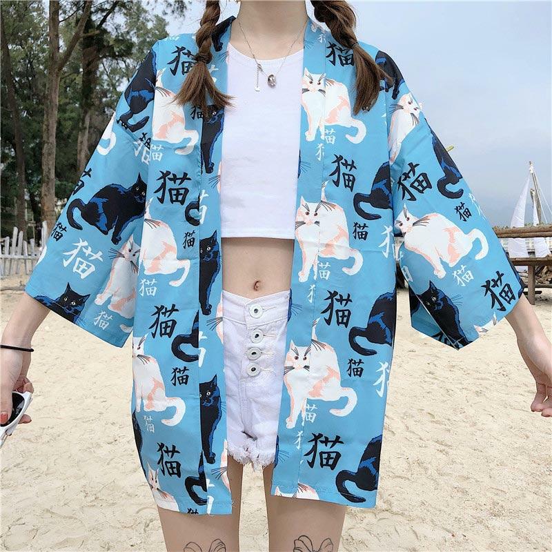 Vintage Cat Print Casual Kimono Outerwear  |   Outerwear Clothing Blue