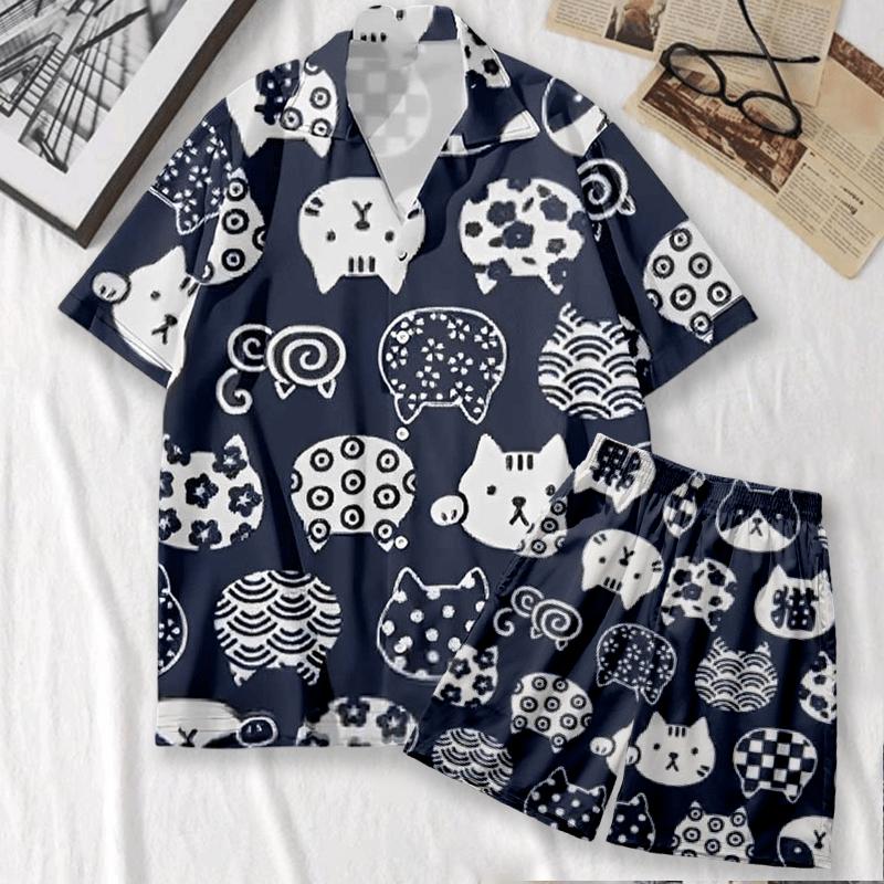 Vintage Cat Print Casual T-Shirt Shorts  |   Shorts Clothing Set