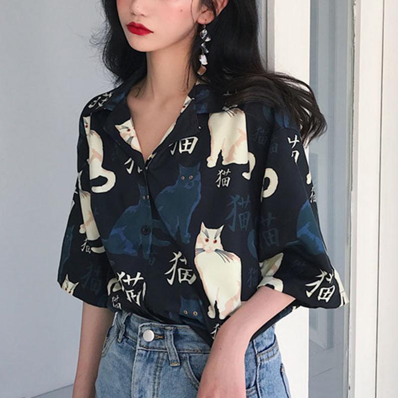 Vintage Cat Print Loose Shirt  |   T-Shirts Clothing Black