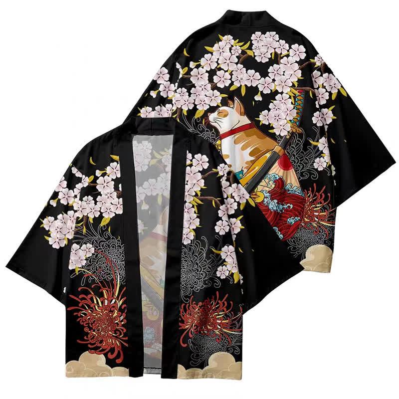 Vintage Cat Sakura Crane Print Loose Cardigan Kimono Outerwear  |   Outerwear Clothing Black A