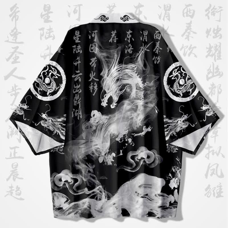 Vintage Character Dragon Print Casual Cardigan Kimono Outerwear  |   Outerwear Clothing Black