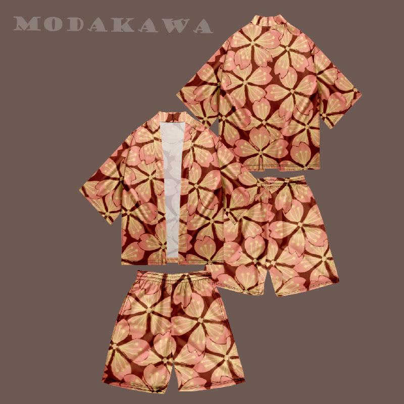 Vintage Cherry Blossom Pattern Cardigan Kimono Outerwear Print Shorts Set  |   Outerwear Clothing Outerwear