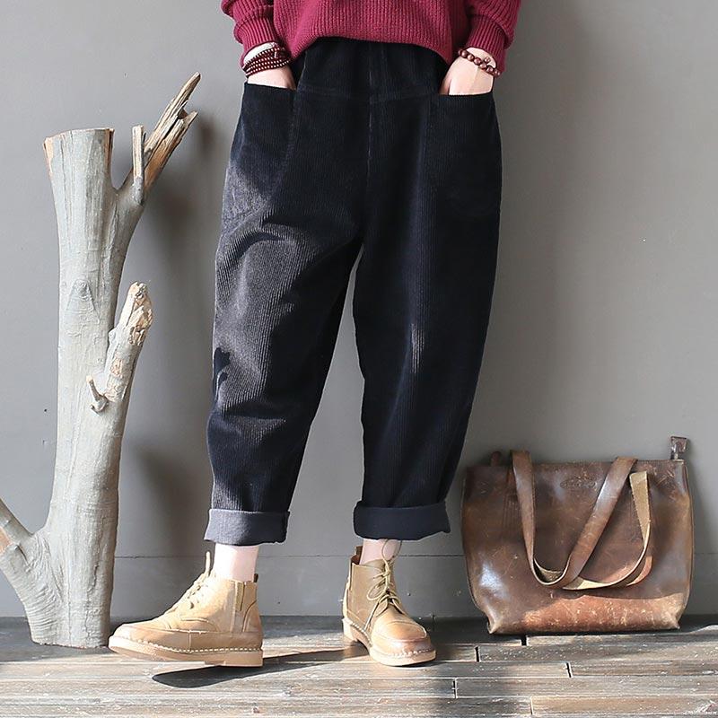 Vintage Corduroy Elastic Waist Loose Pants  |   Pants Clothing Black