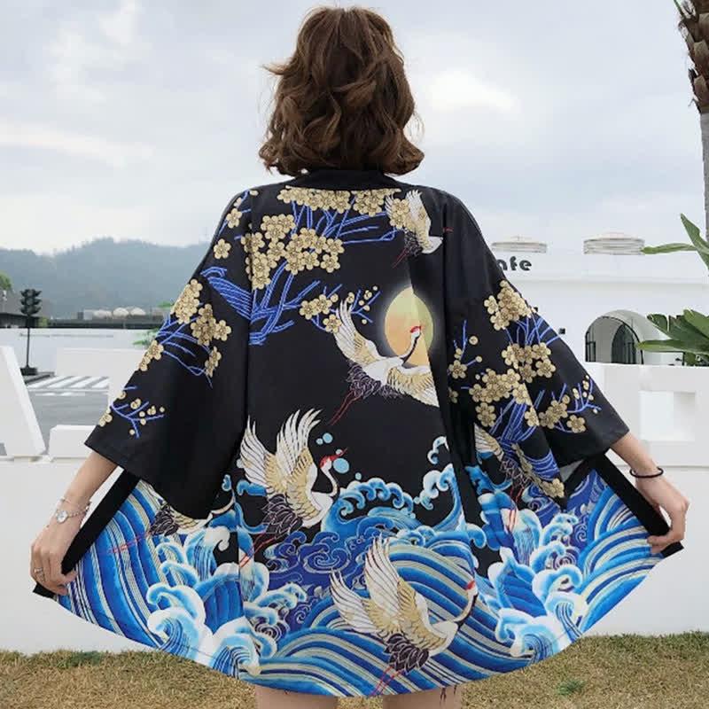 Vintage Crane Blossom Print Cardigan Kimono Outerwear  |   Outerwear Clothing Black