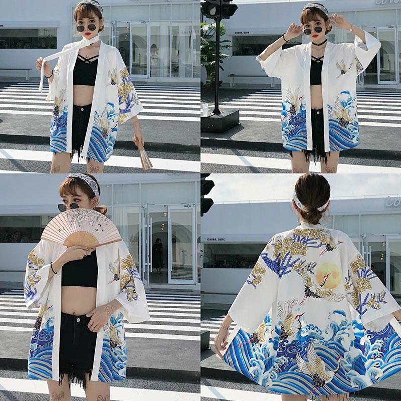 Vintage Crane Chinese Print Kimono Outerwear Sun Protective  |   Outerwear Clothing A