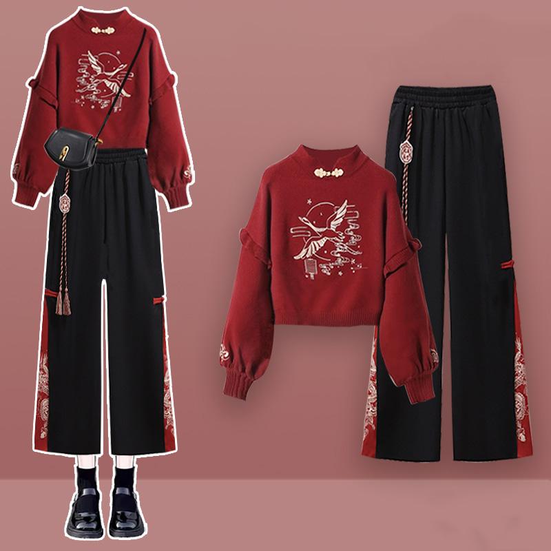 Vintage Crane Embroideriy Sweater Hoodie Dragon Pattern Split Pants  |   Pants Clothing Pants