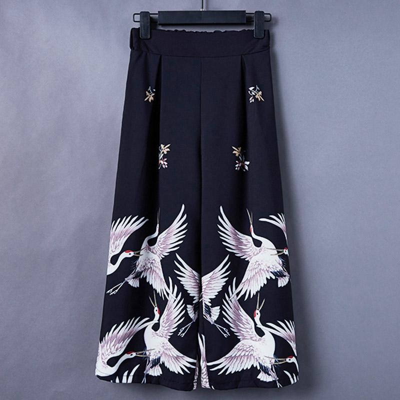 Vintage Crane Print Wide Leg Casual Pants  |   Pants Clothing Black