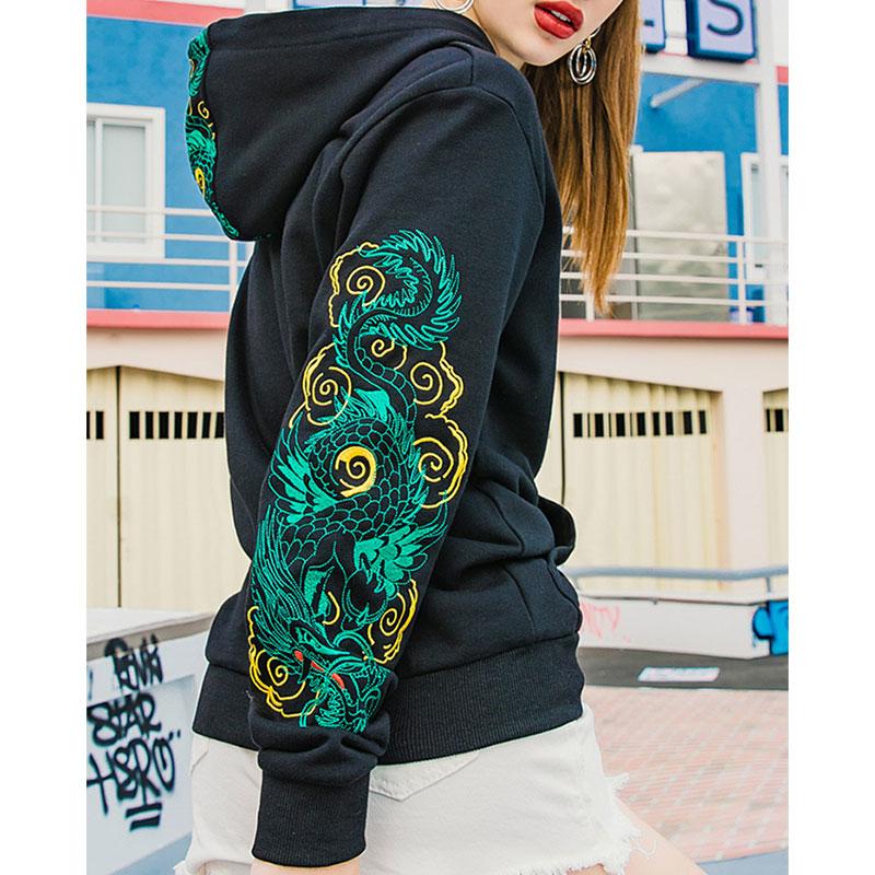 Vintage Dragon Design Embroidery Hoodie  |   Sweatshirts & Hoodies Clothing Black