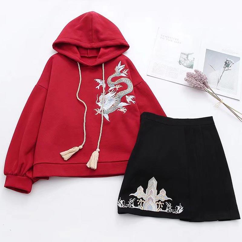 Vintage Dragon Embroidery Hoodie Skirt Set  |   Sweatshirts & Hoodies Clothing Hoodie