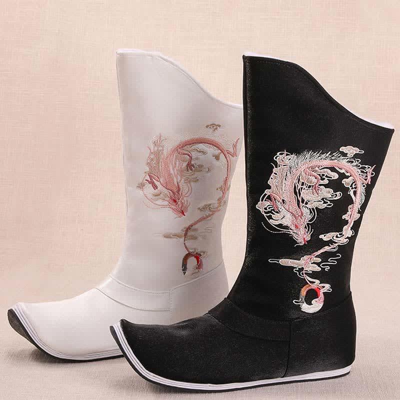 Vintage Dragon Embroidery Pointed Toe Plush Boots  |   Boots Boots Black