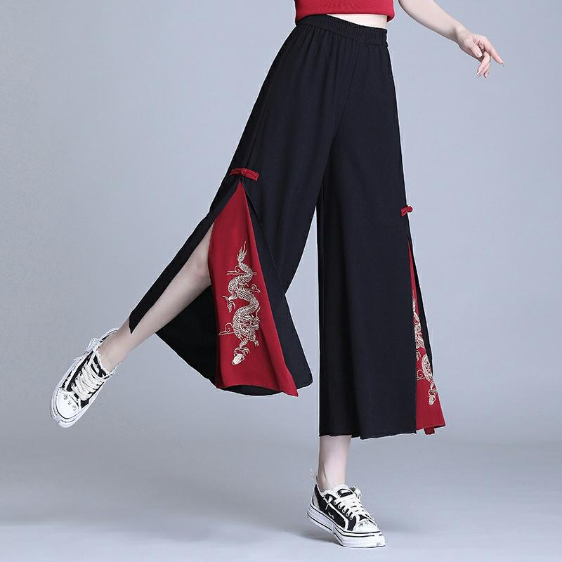 Vintage Dragon Embroidery Side Split Casual Pants  |   Pants Clothing Black