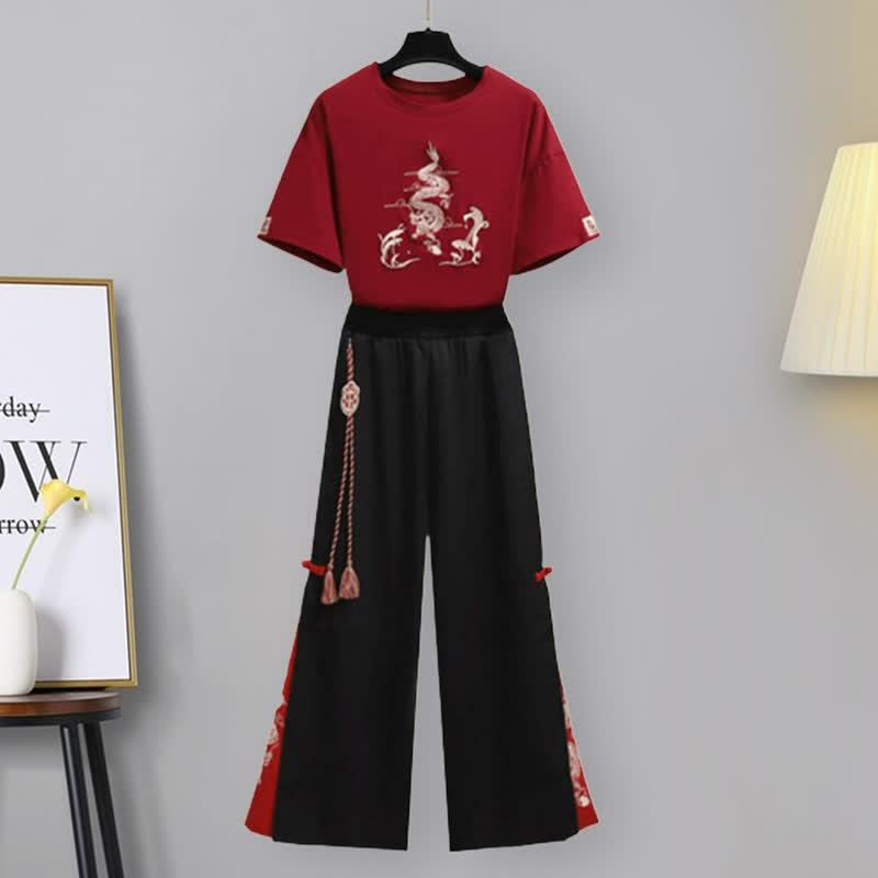 Vintage Dragon Embroidery T-Shirt Tassel Pants Set  |   T-Shirts Clothing Set