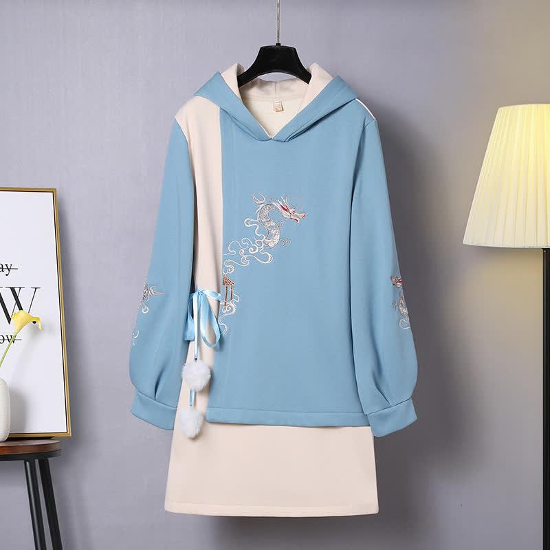 Vintage Drogon Embroidery Lace Up Plush Hooded Sweatshirt Dress  |   Dresses Clothing Blue