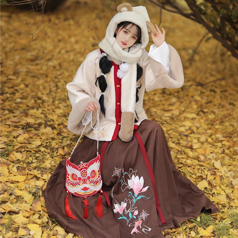 Vintage Embroideried Coat Pleated Skirt Han Costume Four Pieces Set  |   Dresses Clothing Beige