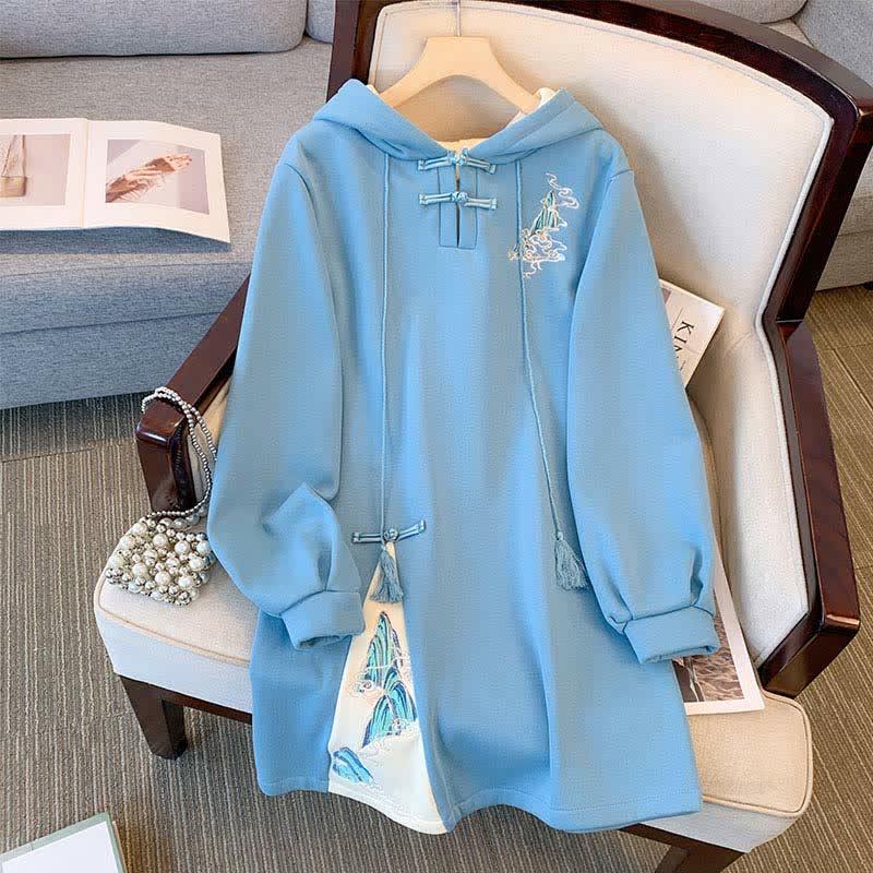 Vintage Embroidery Buckle Plush Hoooded Sweatshirt Dress  |   Sweatshirts & Hoodies Clothing Blue