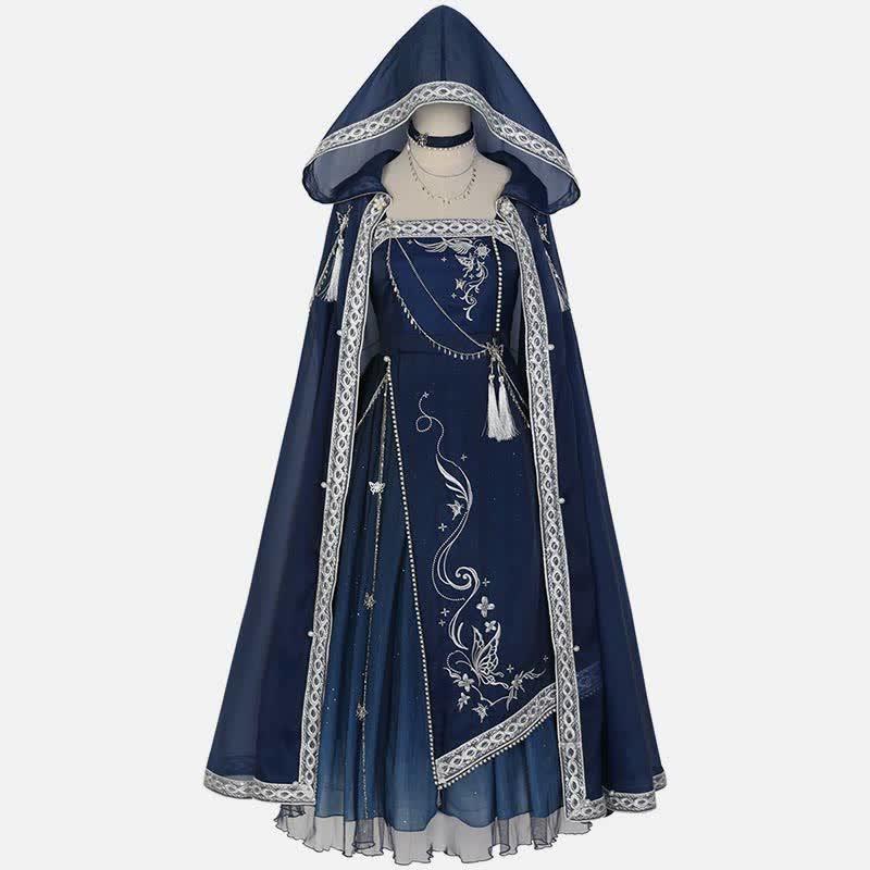 Vintage Embroidery Butterfly Chain Slip Dress Hooded Cloak  |   Dresses Clothing Blue Cloak