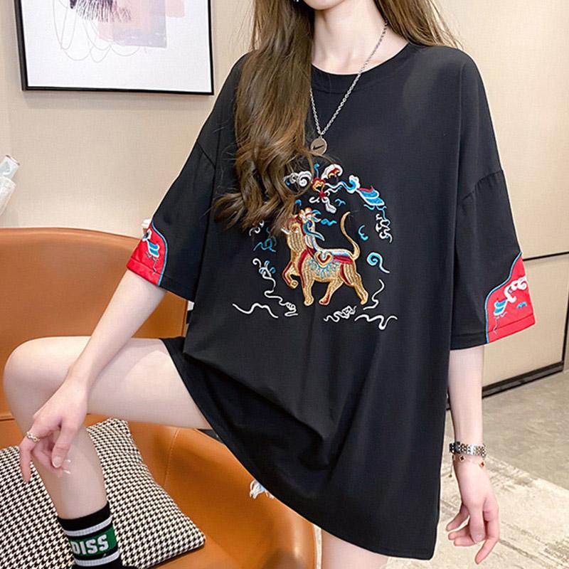 Vintage Embroidery Casual Round Collar T-Shirt  |   T-Shirts Clothing Black