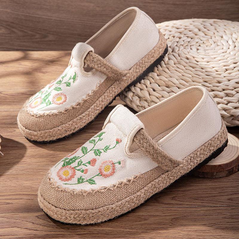 Vintage Embroidery Floral Canvas Flats Shoes  |   Sneakers Shoes Beige