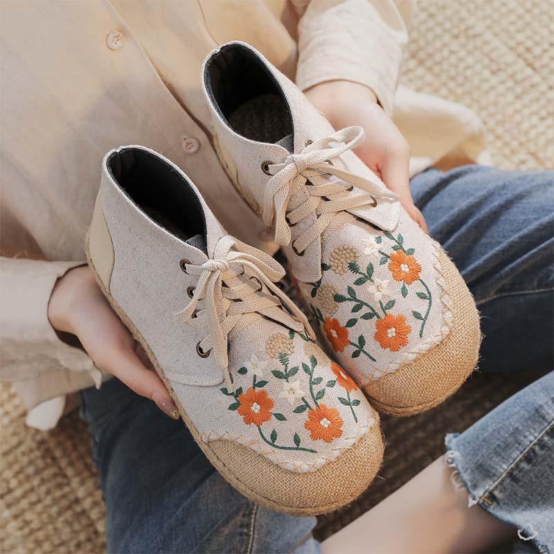 Vintage Embroidery Floral Lace Up Canvas Boots  |   Boots Boots Black