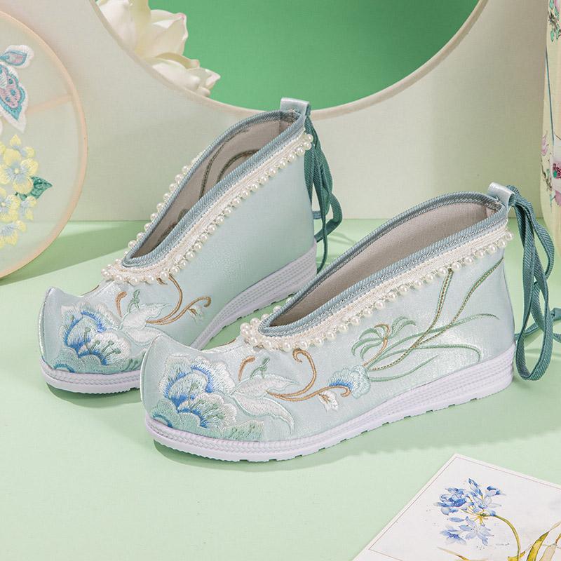 Vintage Embroidery Floral Print Pearl Trim Flats Shoes  |   Mary Janes & Flats Mary Janes & Flats Blue