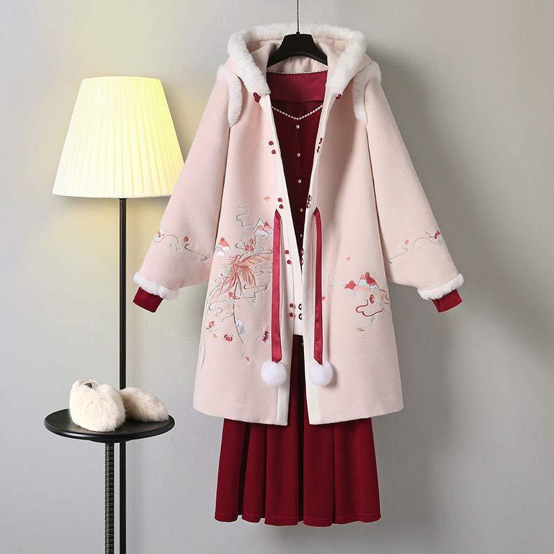 Vintage Embroidery Hooded Coat Dress Set  |   Dresses Clothing Dress+Coat