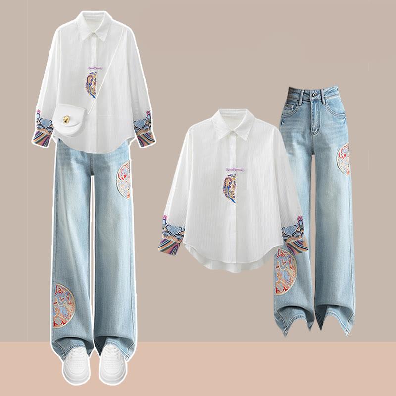 Vintage Embroidery Lapel Shirt Denim Pants  |   Pants Clothing Pants