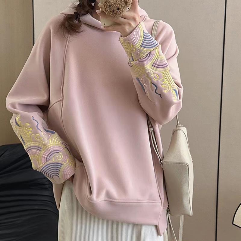 Vintage Embroidery Plush Loose Hoodie  |   Sweatshirts & Hoodies Clothing Beige