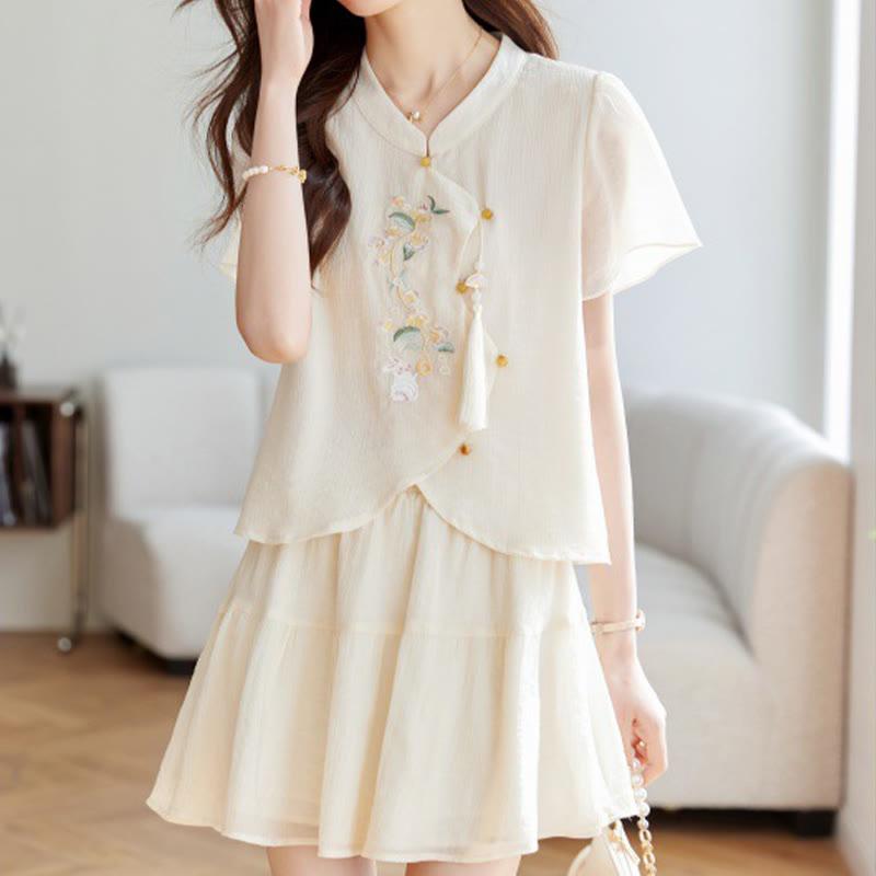 Vintage Embroidery Tassel Top Apricot Skirt Set  |   T-Shirts Clothing Set