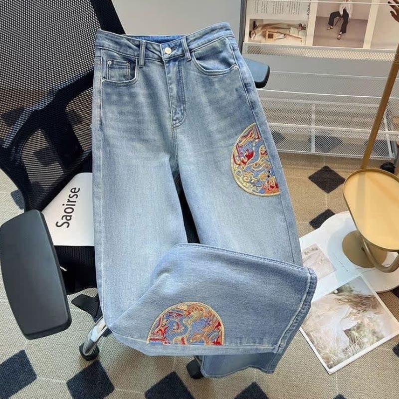 Vintage Embroidery Washed Casual Straight Leg Pants  |   Pants Clothing Blue