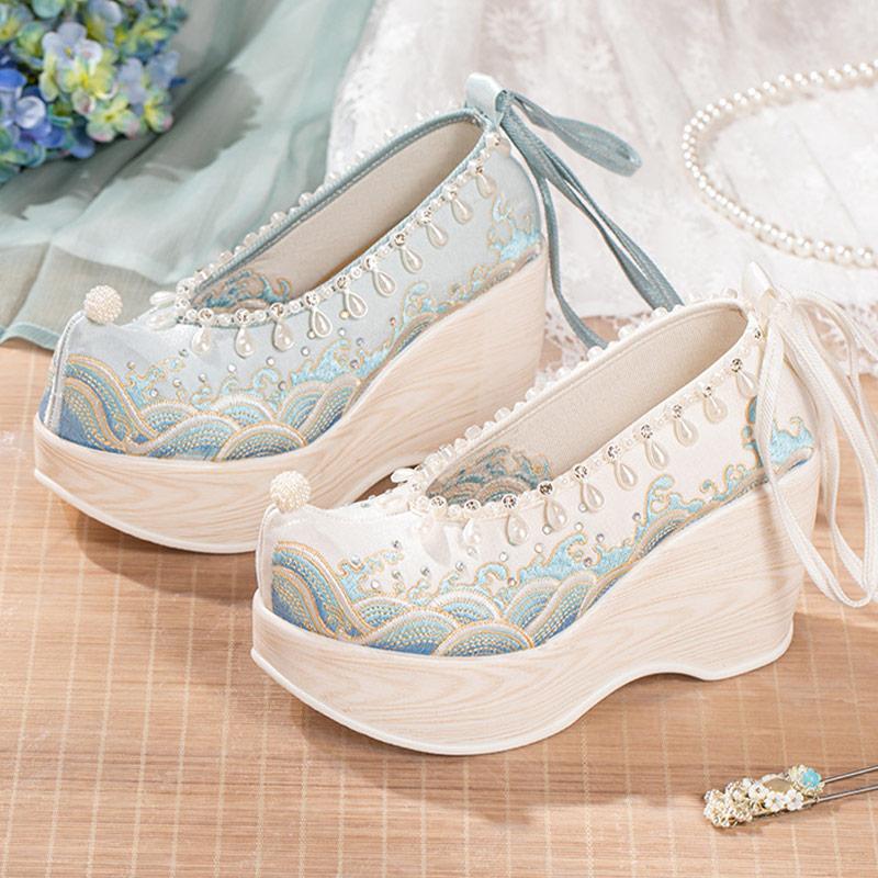 Vintage Embroidery Wave Print Pearl Platform High Heels Shoes  |   Mary Janes & Flats Mary Janes & Flats Blue