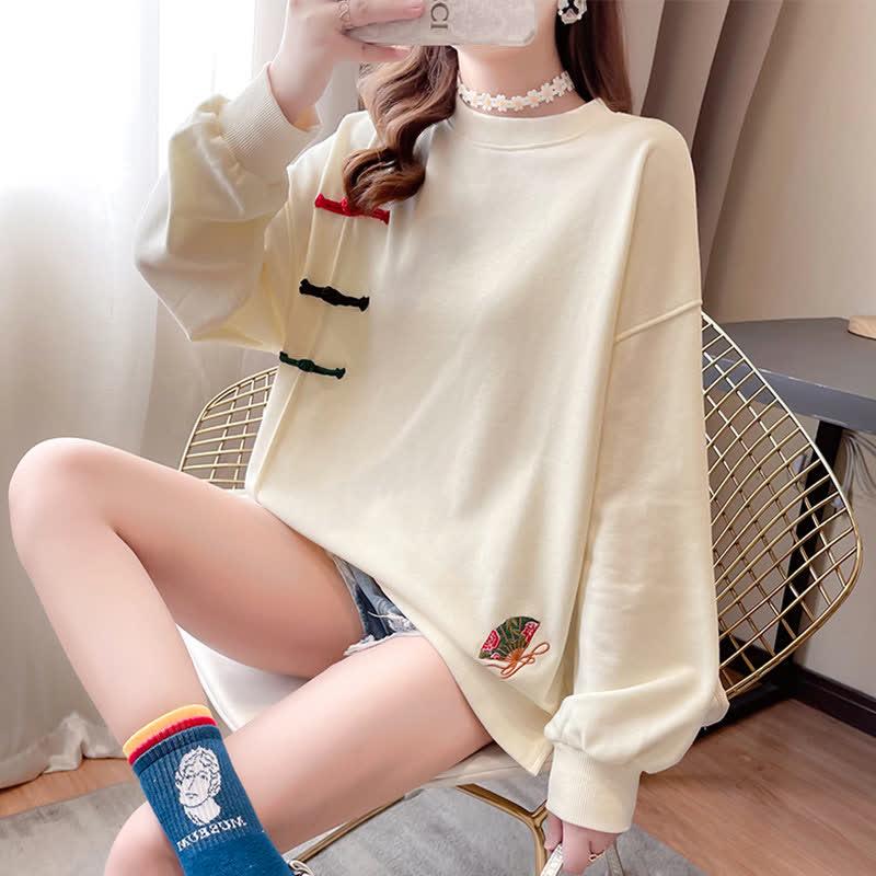 Vintage Fan Embroidery Buckle Round Collar Sweatshirt  |   Sweatshirts & Hoodies Clothing Apricot