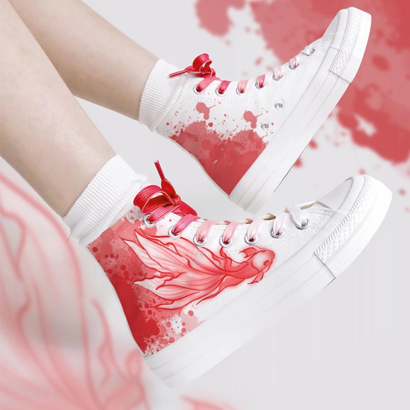 Vintage Fish Print High Top Canvas Shoes  |   Sneakers Shoes Red