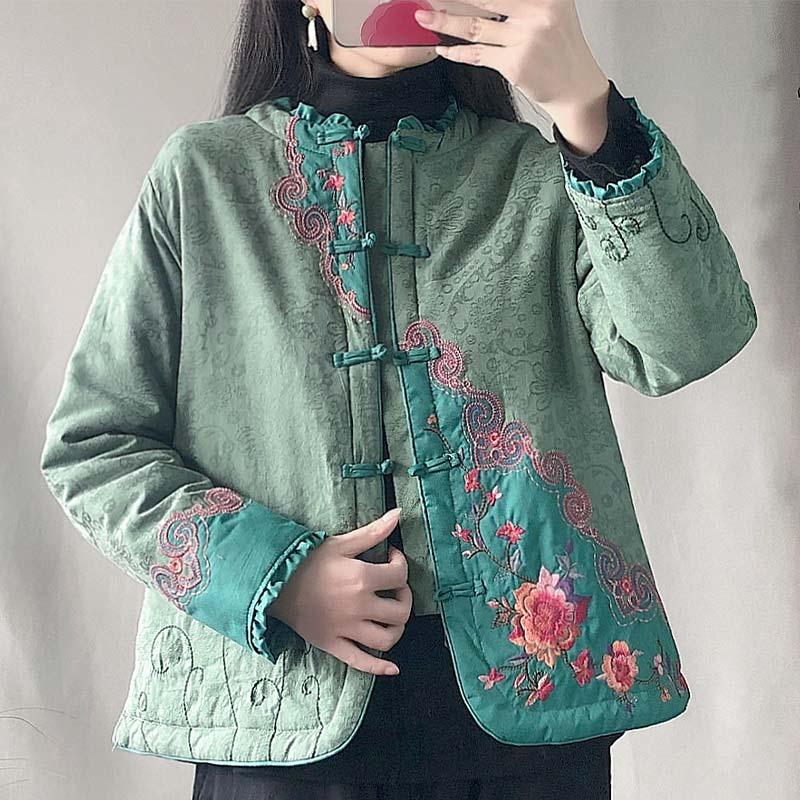 Vintage Floral Embroidery Cotton Coat  |   Outerwear Clothing Green