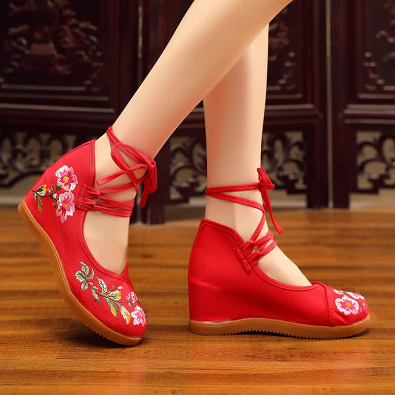 Vintage Floral Embroidery Lace Up Flats Shoes  |   Sneakers Shoes Red