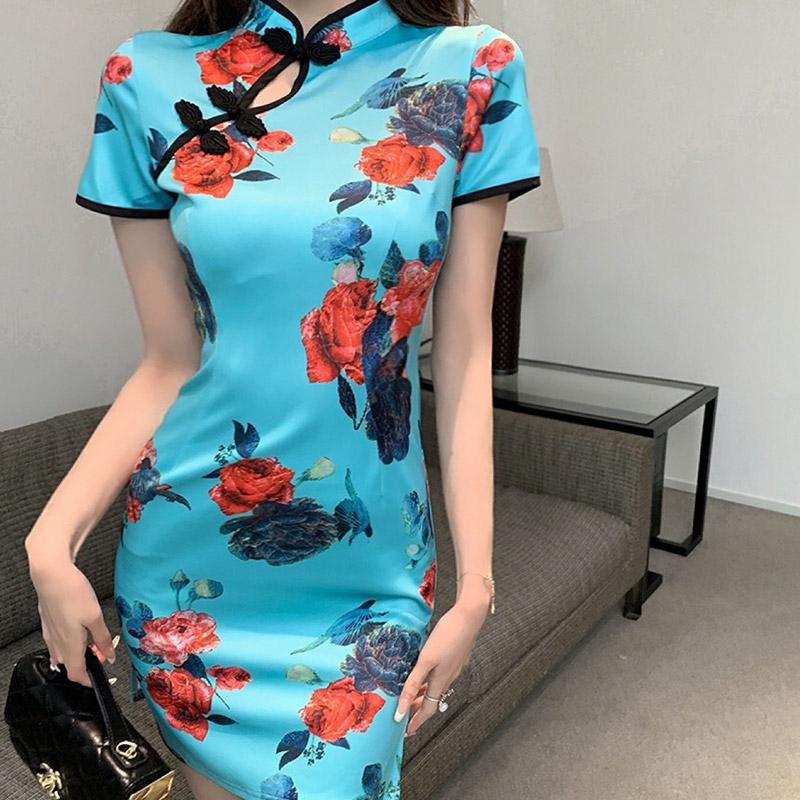 Vintage Floral Print Buckle Split Cheongsam Dress  |   Dresses Clothing Blue