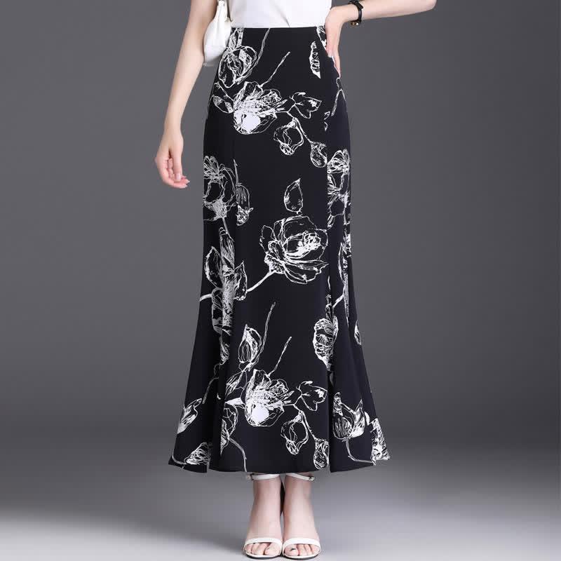 Vintage Floral Print Fishtail Long Skirt  |   Skirts Clothing Black A