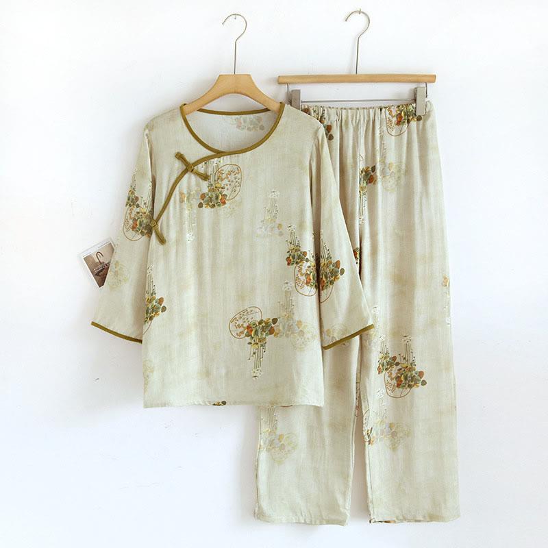 Vintage Floral Print Long Sleeve Shirt Pants Pajamas Set  |   Dresses Clothing Blue