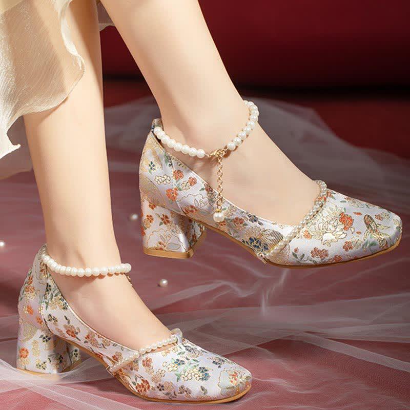 Vintage Floral Print Pearl Mary Janes Shoes  |   Mary Janes & Flats Mary Janes & Flats Beige