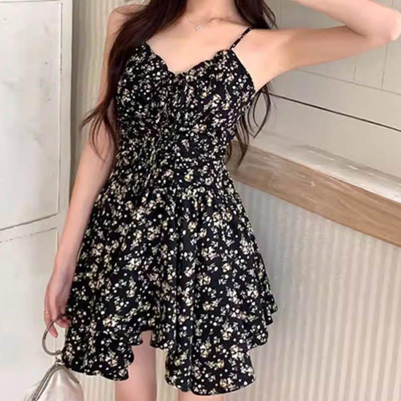 Vintage Floral Print V-Neck Slip Dress  |   Dresses Clothing Black