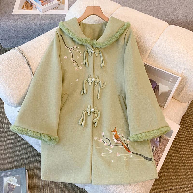 Vintage Flower Bird Embroidery Buckle Coat  |   Sweater Clothing Green